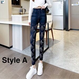 Dark Blue Embellished Women’s Jeans-like Leggings with Star Stud Detail